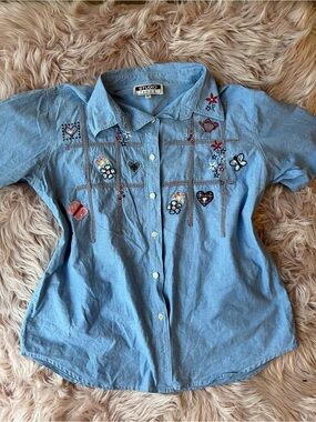 100% Cotton Cottagecore Embroidered Denim Shirt Plus Size